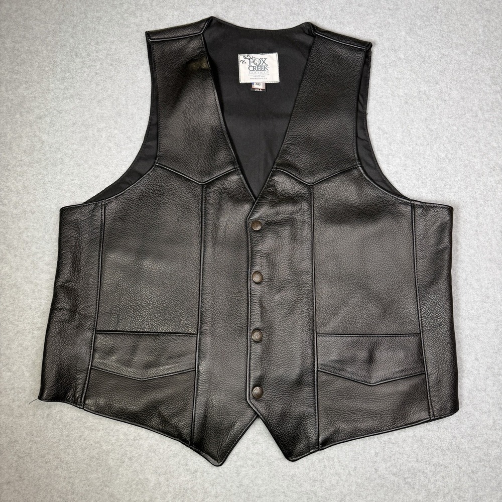 VTG Fox Creek USA Leather Snap Vest Mens 46 Black Biker Lined Pockets Motorcycle